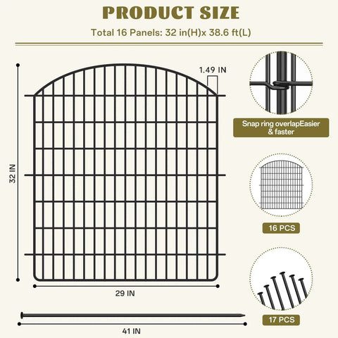 Diagram of No Dig 16 Panel Garden Fence With Gate For Outdoor Pets And Kids Rustproof Metal Garden Edging Border dimensions.