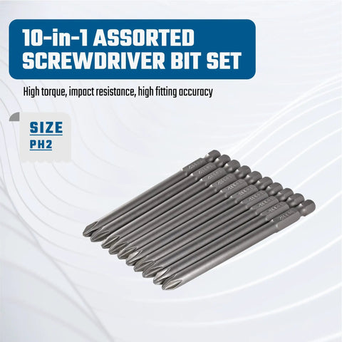 PH2 10 PC Screwdriver Bit Set With 1 Quarter Inch Hex Shank, 4 Inch Length, S2 Alloy Steel Magnetic Tip, Durable Long Lasting Bits For Power Drill, Impact Driver And Cordless Screwdriver