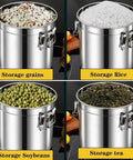 Knockout 26 Gallon Airtight Bulk Food Storage Bucket Rock Solid 304 Stainless Steel Canister storing grains, rice, soybeans, and tea.