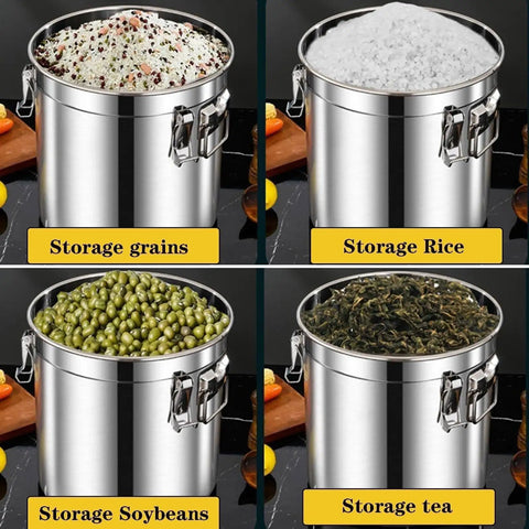 Knockout 26 Gallon Airtight Bulk Food Storage Bucket Rock Solid 304 Stainless Steel Canister storing grains, rice, soybeans, and tea.