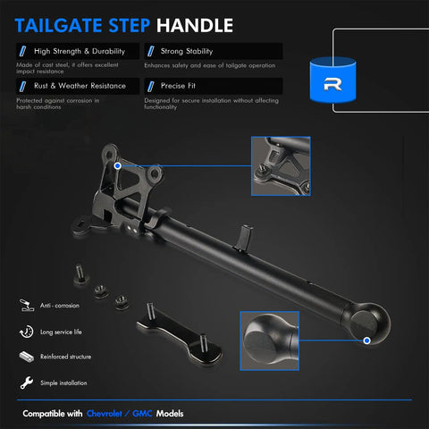 Hardcore Auxiliary Tailgate Step Handle Provides Sick Grip For Loaded Bed Climb Without Breaking A Sweat While Cruising Open Roads With Reinforced Mounting Brackets For Chevy Silverado And Gmc Sierra, showing matte black steel with installation hardware.