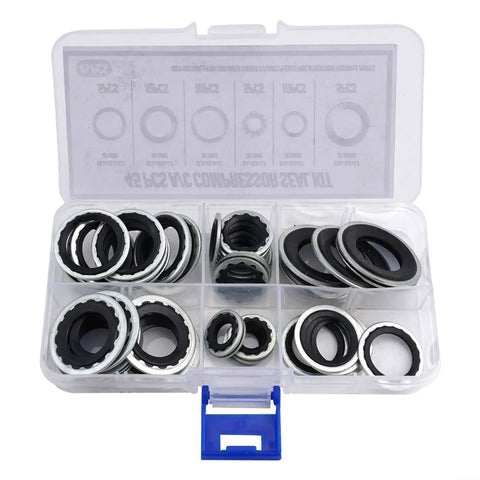 Garage Grade Car AC Compressor Seal Kit With Gasket Set, 45 Pieces, 6 Sizes in a clear plastic box displaying organized seals