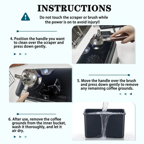 Instructions for Automatic Electric Portafilter Cleaner For Coffee Grounds Handles Espresso Pucks With Zero Sweat Easy Drop Off Knock Box.