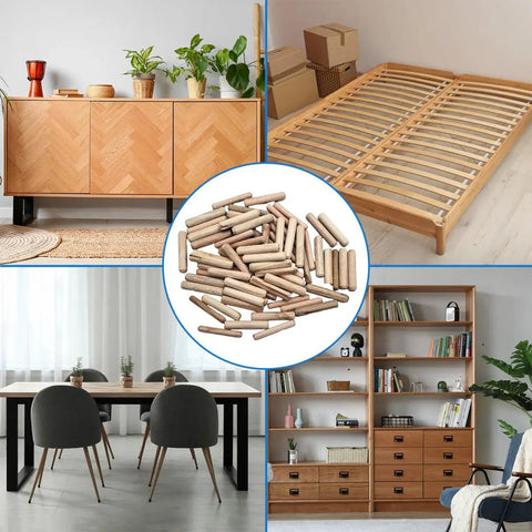 Various DIY projects showcasing use of 100 Pcs Wooden Dowels Set with 50 M6 and 50 M8 Fluted Dowels for Crafts Furniture DIY Woodworking