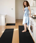 Non Slip Anti Fatigue Kitchen Mats Set, 3 Pack, Waterproof Cushioned Floor Rugs in kitchen sink area with woman standing