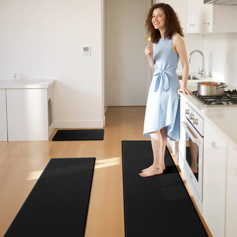 Non Slip Anti Fatigue Kitchen Mats Set, 3 Pack, Waterproof Cushioned Floor Rugs in kitchen sink area with woman standing