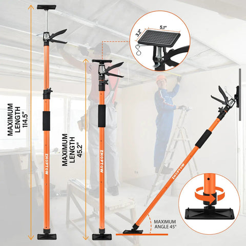 Heavy Duty Adjustable Support Pole Cabinet Jack Drywall Lift 45 To 114 Inch with non-slip pads and adjustable angle for secure ceiling support.
