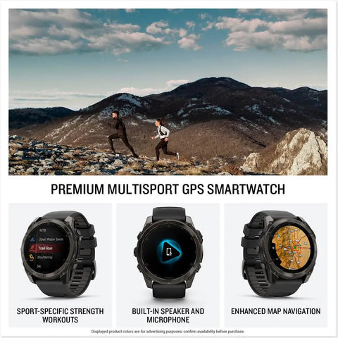 Fenix 8 Multisport GPS Smartwatch With 1.4 Inch AMOLED Display, Sapphire Lens, showing outdoor navigation and features.