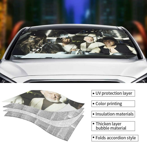 Funny Windshield Sun Shade For Cars, UV Blocking Car Sun Shade, 51 X 27.5 Inches, printed characters, waterproof polyester with bubble aluminum film