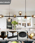 Mid-Century Glass Globe Pendant Light Fixture In Black And Gold with clear glass lampshades and E26 lamp holder in kitchen