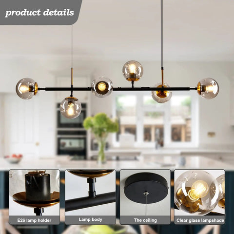 Mid-Century Glass Globe Pendant Light Fixture In Black And Gold with clear glass lampshades and E26 lamp holder in kitchen