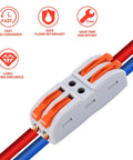 Push In Wire Connectors 20 Pack Quick Electrical Cable Connectors 2 Pin For 28 To 12 AWG Cables, installed on wires with safety icons