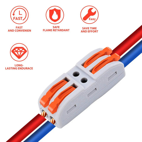 Push In Wire Connectors 20 Pack Quick Electrical Cable Connectors 2 Pin For 28 To 12 AWG Cables, installed on wires with safety icons