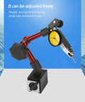 Dial Indicator Magnetic Base Holder Kit With On Off Switch, shown with red arm and adjustable yellow dial indicator