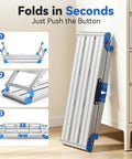Heavy Duty Aluminum Work Platform Supports Up To 600 Lbs With One Touch Automatic Fold Stable On Steps With Reinforced Non Slip Top And Wide Legs Quick Two Step Fold No Tools Required For Diy And Pros, folded aluminum work platform