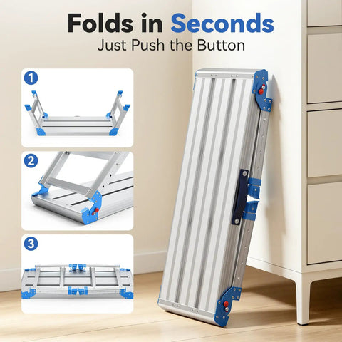 Heavy Duty Aluminum Work Platform Supports Up To 600 Lbs With One Touch Automatic Fold Stable On Steps With Reinforced Non Slip Top And Wide Legs Quick Two Step Fold No Tools Required For Diy And Pros, folded aluminum work platform