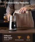 Person pouring milk into All In One Milk Frother For Home Baristas With 450ml Capacity, Auto Foam Maker For Latte Art Level Microfoam.