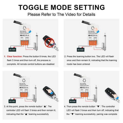Instructions for Toggle Mode Setting of Slick Forward And Reverse Remote Switch With Dual Wireless Controllers for DC 5V-30V.