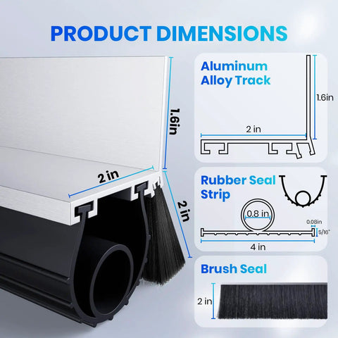 Garage Door Seal Kit For Steel Wood And Aluminum Doors With 2 Inch Brush And U Plus O Rubber Weatherstripping, diagram and dimensions.