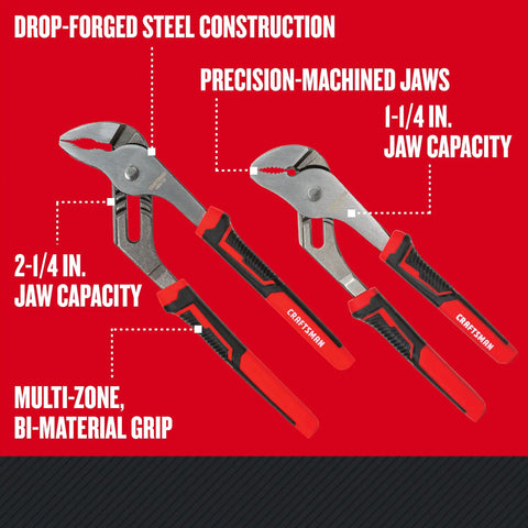 Groove Joint Pliers Set, 8 Inch And 10 Inch Adjustable Pliers, 2-Piece Drop-Forged Steel With Non-Slip Bi-Material Grips, Precision Machined Jaws For A Tight, Secure Grip, Built Tough For Carpentry, Electrical, Plumbing, DIY And MRO