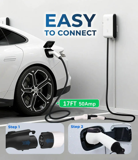 Heavy Duty 50A Ev Charger Extension Cable 17 Ft Sae J1772 Go Anywhere Extension Cord connected to an electric vehicle.