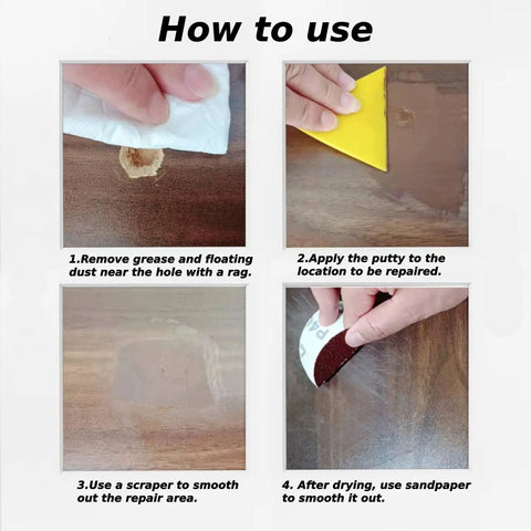 Steps to use Walnut Wood Filler Putty 9.87 Oz Stainable And Paintable Repair Kit For Furniture Floors And Cabinets Quick Fix For Cracks