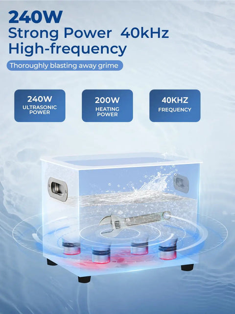 Heavy Duty Ultrasonic Cleaner With Built In Heater And Digital Timer Stainless Steel 10 Gallon Basin For Bike Chains Engine Parts And Firearms Badass Grime Crusher 240W Pro Grade Tough Clean showing strong power at 40kHz frequency.