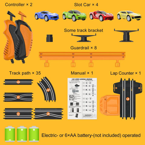 Components of the Epic Slot Car Race Track Set For Kids And Teens, Battery Or Electric Race Car Track With 4 High Speed Slot Cars.