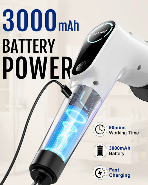 Electric Spin Scrubber With 8 Replaceable Brush Heads Extension Handle 2 Speed Power Cleaning Tool For Shower Bathtub Tile And Grout 90 Minute Run Time White, showing battery power display.