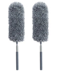 All In One 2 Pack Microfiber Feather Duster Set With Extendable Pole shown side by side, featuring gray microfiber heads and handles