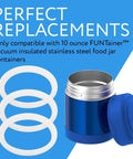 Silicone Gasket Replacement Kit for Thermos 10 Oz Food Jars Leak Proof Vacuum Seal Gaskets White Pack of 3 shown with blue jar