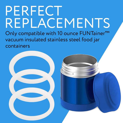 Silicone Gasket Replacement Kit for Thermos 10 Oz Food Jars Leak Proof Vacuum Seal Gaskets White Pack of 3 shown with blue jar