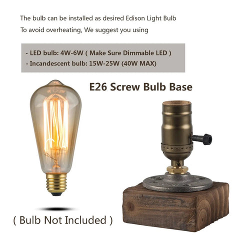 Vintage Table Lamp With Industrial Dimmable Night Light And Steampunk Desk Lamp E26 Socket on Rustic Wood Base