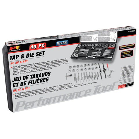 Packaging of 40 Piece Metric Tap And Die Set With Coarse And Fine Threads For NC NF And NPT, Pro Grade Rethreading Tool Kit