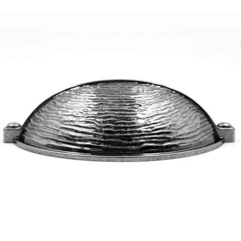 Aged Silver Molten Texture Cup Pulls 3 Inch Hole Centers 6 Pack Vintage Drawer Handles For Kitchen Cabinets And Dressers seen from the side with a textured surface.
