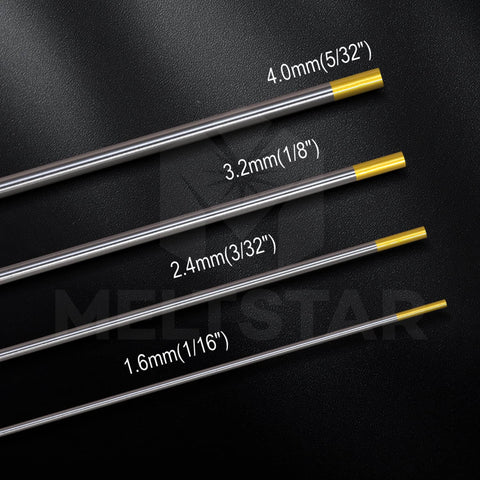 Lanthanated TIG Welding Tungsten Electrodes 1.5 Percent WL15 Gold 3 Thirty Second Inch By 7 Inch Ten Pack sizes on display