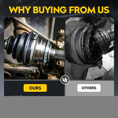 Comparison of shiny greased Rear CV Axle Shaft Set For Yamaha Rhino and worn-out CV joint on vehicle