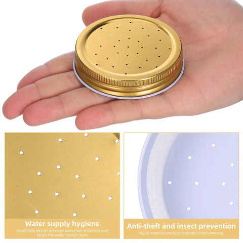 8 Pack Metal Bee Feeders For Beehives Entrance Lid Water And Sugar Syrup Feeder Set showing perforated design in hand