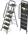 Sturdy 5 Step Steel Ladder With Anti Slip Wide Pedals Handrail And Safe Lock Design 800 Lb Capacity Folding Portable Step Stool For Home Kitchen Garage And More, shown open and folded.