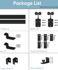 Heavy Duty Exterior Barn Door Hardware Kit For Outdoor Use With Box Rail Sliding Track Built To Last And Tough As Nails And Supports Up To 450 Lbs For One Door Black Finish Weather Resistant And Rustproof Ideal For Sheds Stables Garages And Workshops package contents including tracks, rollers, stoppers, brackets, end caps, and guide
