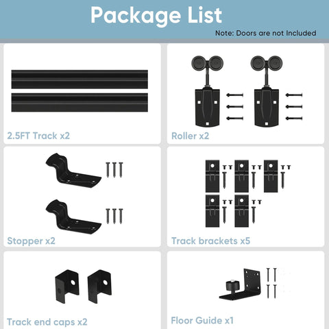 Heavy Duty Exterior Barn Door Hardware Kit For Outdoor Use With Box Rail Sliding Track Built To Last And Tough As Nails And Supports Up To 450 Lbs For One Door Black Finish Weather Resistant And Rustproof Ideal For Sheds Stables Garages And Workshops package contents including tracks, rollers, stoppers, brackets, end caps, and guide