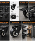Four Pack Two Inch Swivel Plate Casters With Straight Up Slick Rolling Black Pvc Wheels And No Fuss Foot Brakes for carts and furniture.