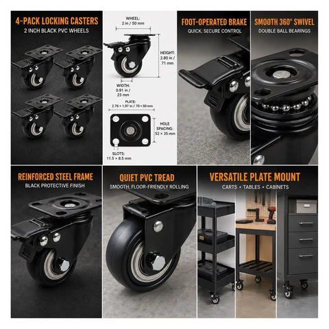 Four Pack Two Inch Swivel Plate Casters With Straight Up Slick Rolling Black Pvc Wheels And No Fuss Foot Brakes for carts and furniture.