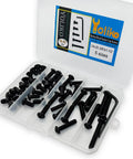 Built Tough 48 Piece Button Head Socket Cap Screw Kit With Five Sizes Plus Rugged Hex Key Black Oxide Treated bolts in storage box.