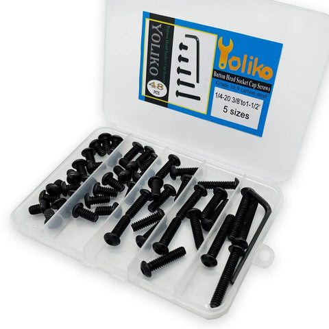 Built Tough 48 Piece Button Head Socket Cap Screw Kit With Five Sizes Plus Rugged Hex Key Black Oxide Treated bolts in storage box.