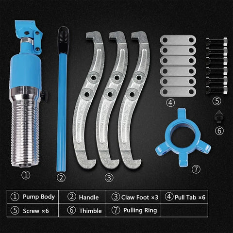 Heavy Duty Hydraulic Gear Puller Kit With Storage Case For Bearing Separator And Hub Removal 10 Ton Capability, blue steel parts laid out