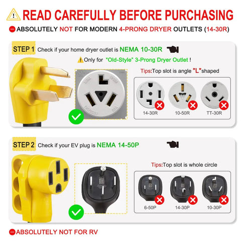 Step-by-step guidance for 20Ft EV Charger Adapter Cord From NEMA 10-30P To 14-50R For Old Dryer Outlet To EV Charging instructions.