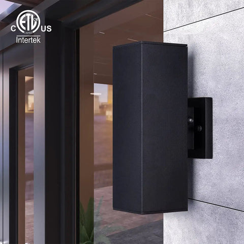 Outdoor Porch Light 2 Pack Dusk to Dawn Photocell Sensor Wall Sconces Waterproof Matte Black Aluminum Rectangular Tubes with Tempered Glass Cover ETL Listed Exterior Lighting for Homes mounted on wall
