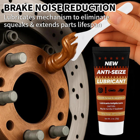 Applying copper anti-seize brake lubricant to brake rotor for noise reduction and easy disassembly in automotive maintenance.