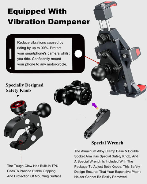 Heavy Duty Motorcycle Phone Mount With Silent Vibration Dampener And Lockdown Anti Theft Safety Knob For Cruiser And Sportbike Grips showing design features.